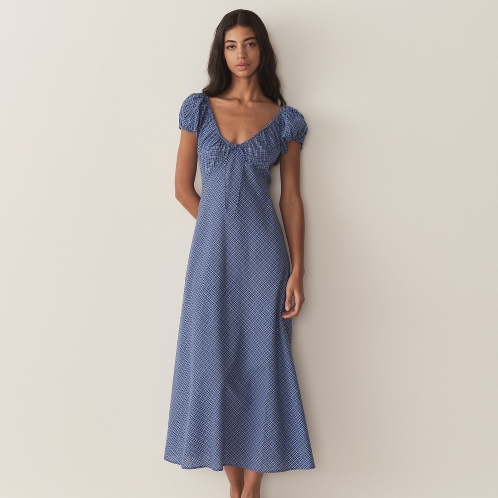 NWT Doen Sofia Cotton Puff Short Sleeve Midi Maxi Dress Cassis Check Blue Plaid